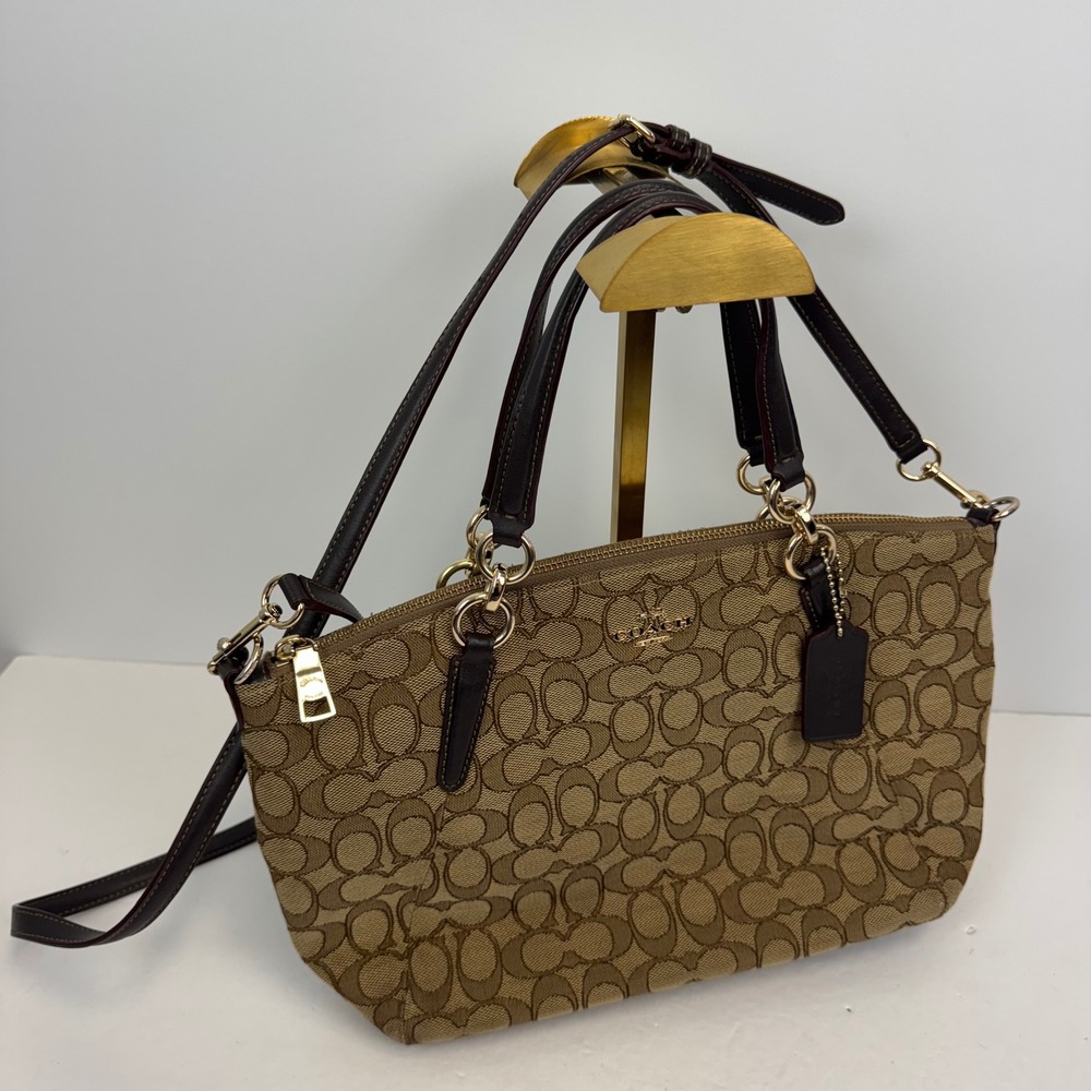 Coach Kelsey Satchel Signature Canvas Brown Khaki Crossbody Bag Long Strap AF582